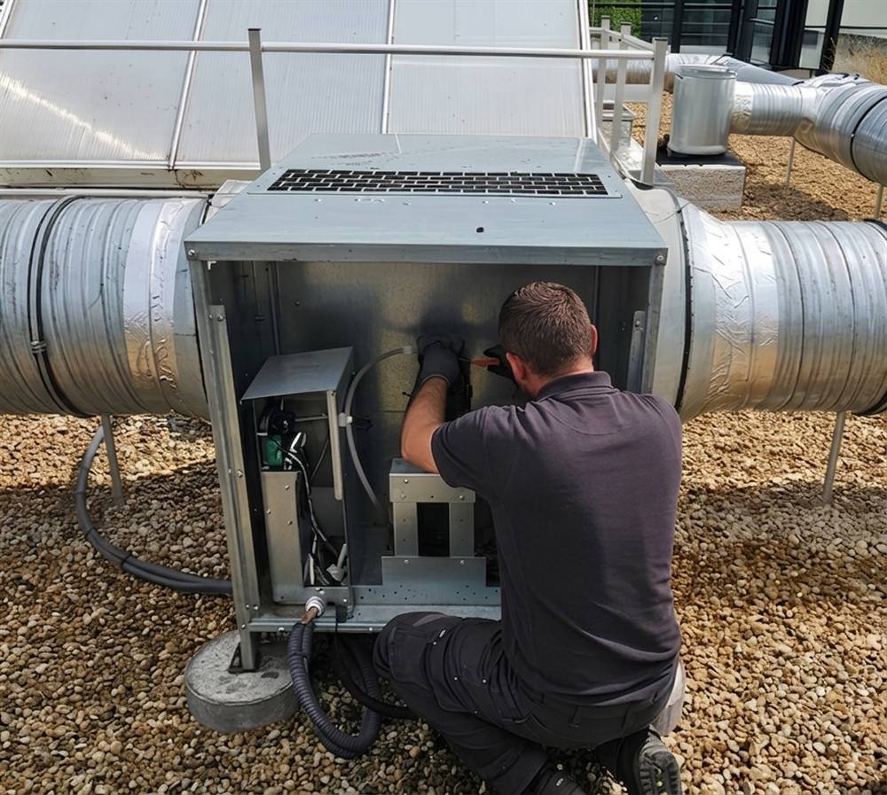 Technicien intervenant sur un caisson d'extraction ouvert en toiture-terrasse&nbsp;: moteur, turbine et coffret électrique accessibles