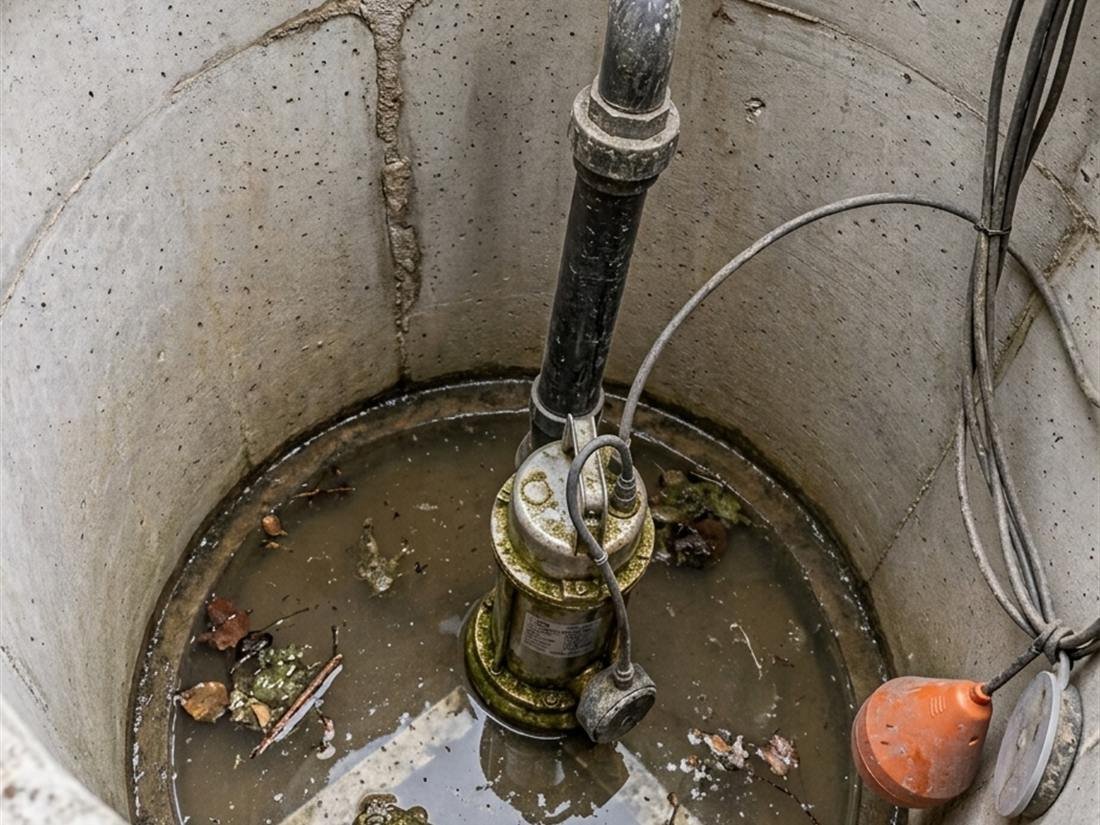 Pompe de relevage immergée dans une fosse béton&nbsp;: corps de pompe, conduite de refoulement et deux flotteurs de niveau
